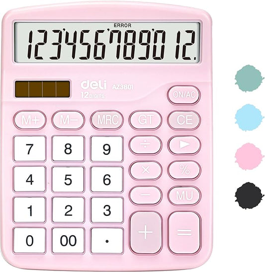 Calculator, Deli Standard Function Desktop Calculators with 12 Digit Large LCD Display and Sensitive Button, Solar Battery Dual Power Office Calculator, Pink