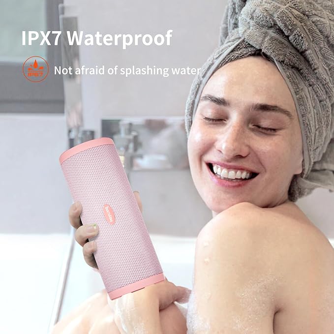 HEYSONG Portable Bluetooth Speaker, Waterproof Wireless Shower Speakers with Good Bass, IPX7 Floating, 5000mAh, TF Card, Loud Sound for Beach, Pool, Kayak Accessories, Gifts for Woman, Girl - Pink