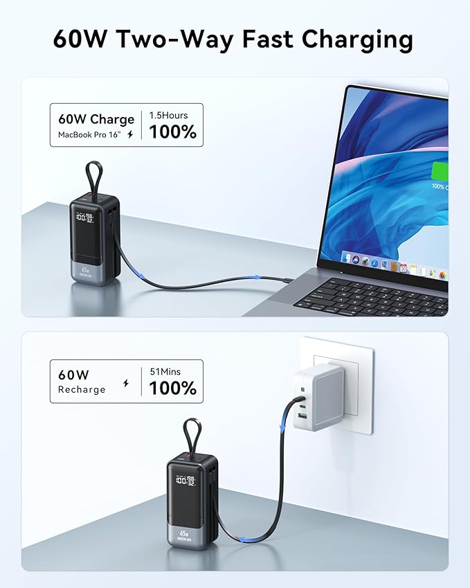 Portable Charger, 65W Power Bank Fast Charging, USB C Battery Pack with Built in Cable, 4 Outputs Powerbank, Travel Essentials Compatible with iPhone 17 16 15 14 13 iPad MacBook Pro Samsung Dell XPS