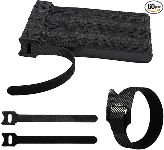 CableGeeker 60 PCS Reusable Cable Ties (6 Inch) - Adjustable Hook and Loop Cord Straps, Wire Organizer for Home, Office, Electronics - Black