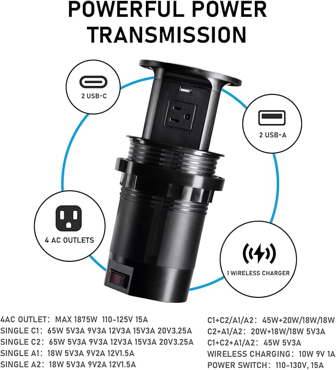 65W Pop up Outlet for countertop 4.4in 4 Outlets 10W Wireless Charger Receptacle Charging Statio Fast Charging 2 USB A 2 USB C for Kitchen Office,6ft Cord(No Retaining Ring) (Black)