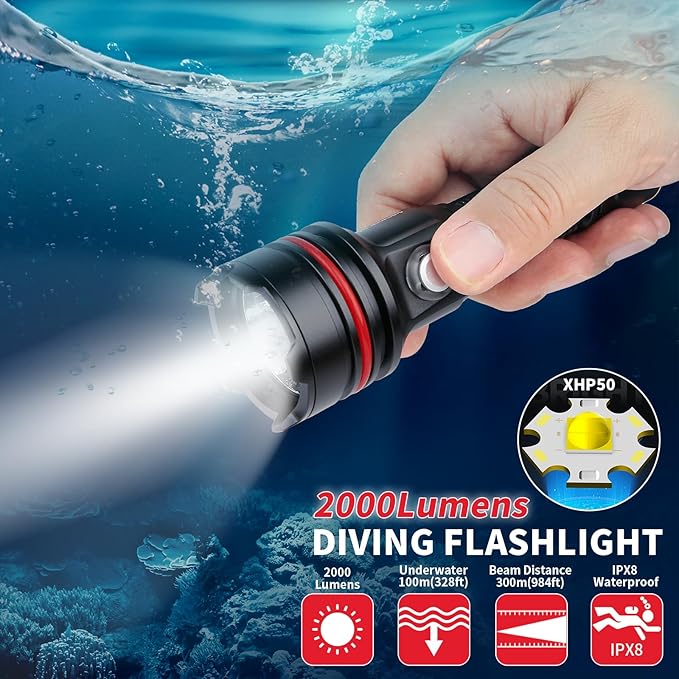 14S 2000 Lumens Professional Dive Light - IP68 328FT/100M Waterproof Underwater Flashlight with 6 Modes & USB-C Charging, for Scuba Diving/Underwater Photography/Spearfishing