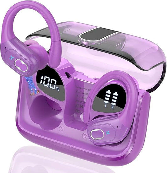 Wireless Earbuds 75hrs Bluetooth 5.4 Headphone Sport, 2025 Bluetooth Earbuds Stereo Deep Bass Over Ear Bud with Earhooks, ENC Noise Cancelling Mic, IPX7 Waterproof Earphone, Purple