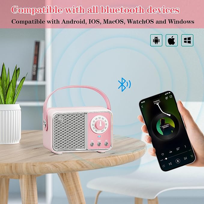 Retro Bluetooth Speaker, Vintage Decor, Wireless Portable Mini Bluetooth Speaker, Small Cute Stylish Vintage Speakers for Kitchen Desk Bedroom Home Office Party Outdoor Gift Pink