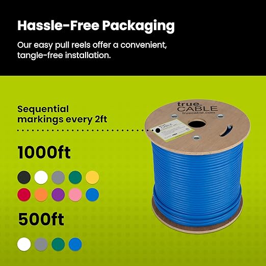 TRUE CABLE Cat6 Shielded Riser (CMR) Bulk Ethernet Cable, 500ft, Blue, 23AWG Solid Bare Copper, 550MHz, Overall Aluminum Foil Shield (F/UTP), PoE++ 100W, ETL Listed