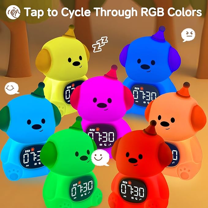 Alarm Clock for Kids with Night Light, Sleep Training Clock Time to Wake Clock, Rechargeable Silicone Light for Bedroom, Perfect Sleep Companion for Boys Girls,Dog