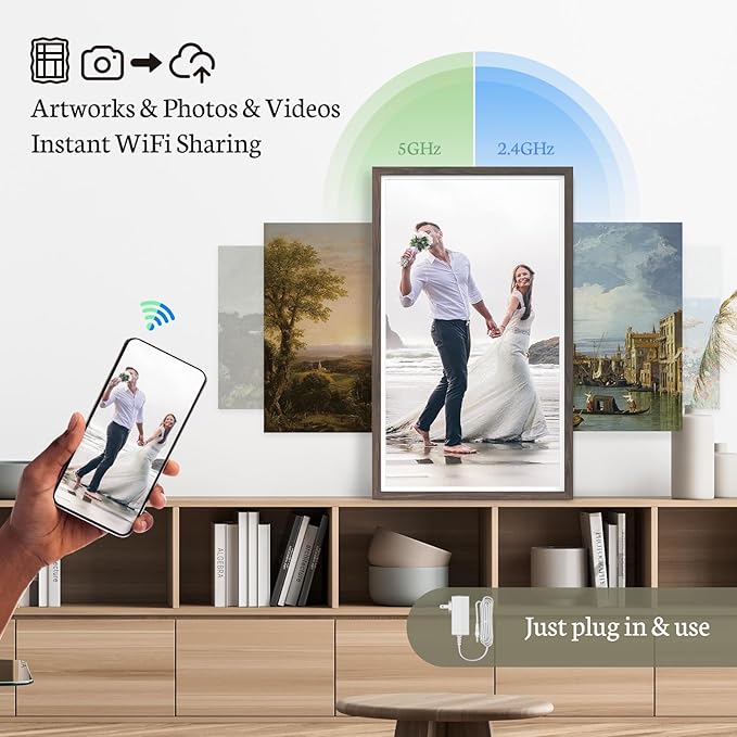 BSIMB Large Digital Picture Frame 32 Inch, 64GB 1920x1080 FHD WiFi Digital Photo Frame Electronic, Wall Mount Included, Share Pictures/Videos via App Easy Setup Gifts for Mom(Non-Touch), Dark Wood