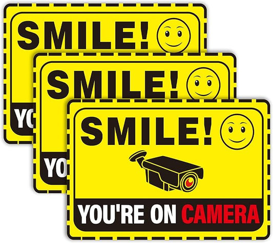 3PCS Smile Your On Camera Sign, Self-Adhesive Waterproof and Fade-Resistant Security Camera Sticker,You Are Being Recorded Sign for Home, Office, Shop, Door（7.7" x 5.3"）