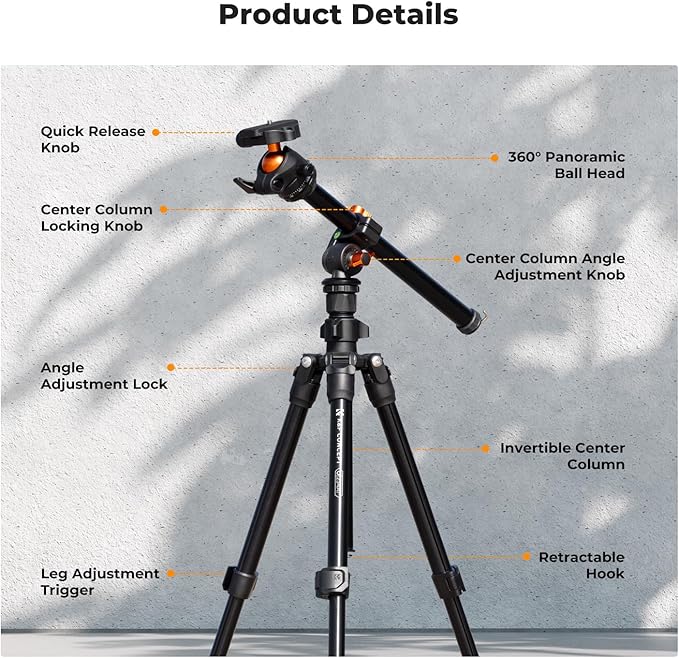 K&F Concept 76 inch Camera Tripod with Rotatable Multi-Angle Center Column,Lightweight Travel Outdoor DSLR Tripods with 360 Degree Ball Head Load Capacity 8kg/17.6lbs, Cellphone Clips for Smartphone