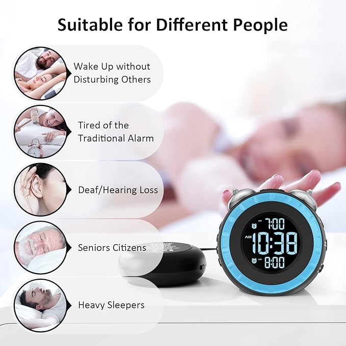 uscce Loud Dual Alarm Clock with Bed Shaker - 0-100% Dimmer, Vibrating Alarm Clock for Heavy Sleepers or Hearing Impaired, Easy to Set, USB Charging Port, Snooze, Battery Backup (Blue)