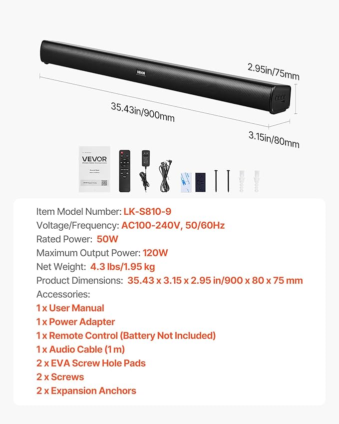 VEVOR Sound Bar for Smart TV, 2.1 Channel, 35-Inch Compact Soundbar TV Speakers with Built-in Subwoofer for Projector, Bluetooth AUX Connection, Easy Setup, 120W Surround Sound System for Home Audio