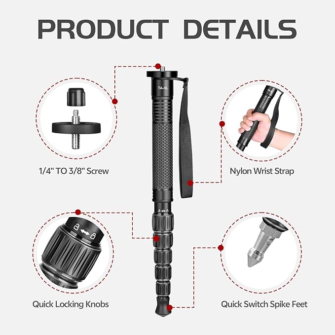 TONYBOO TA-5L 61 inch Camera Monopod,Aluminum Monopod with 6-Section Height,Portable Lightweight,Max Load 16 lbs,Heavy Duty Camera Stand for DSLR Canon Nikon Sony,Easy to Carry