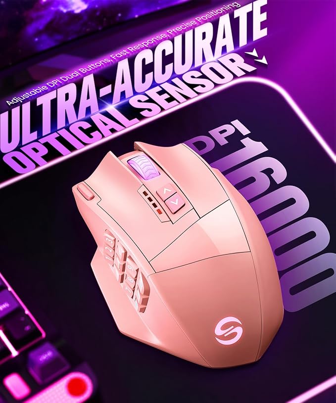 UtechSmart Venus Pro Wireless MMO Gaming Mouse, 16,000 DPI Optical Sensor, Wired/Wireless Dual Modes, 16M Chroma RGB Lighting, 16 Programmable Buttons, Ergonomic Design, Up to 70H, Pink