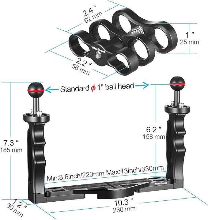 MINIFOCUS Underwater Camera Handle Tray Bracket, Dual Handle Extendable Aluminum Alloy Video Stabilizer Holder with 2 1'' Ball Clamp Mount for Underwater Camera Diving Housings
