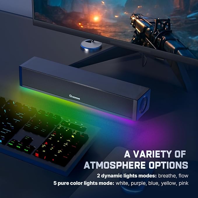 Wohome 2.1 Computer Speakers for Desktop PC, Bluetooth 5.3 Computer Sound Bar with HiFi Sound, 7 RGB Light Modes, DC Powered Laptop Speakers with 3.5mm AUX-in/USB Connected for Game, Music and Movie