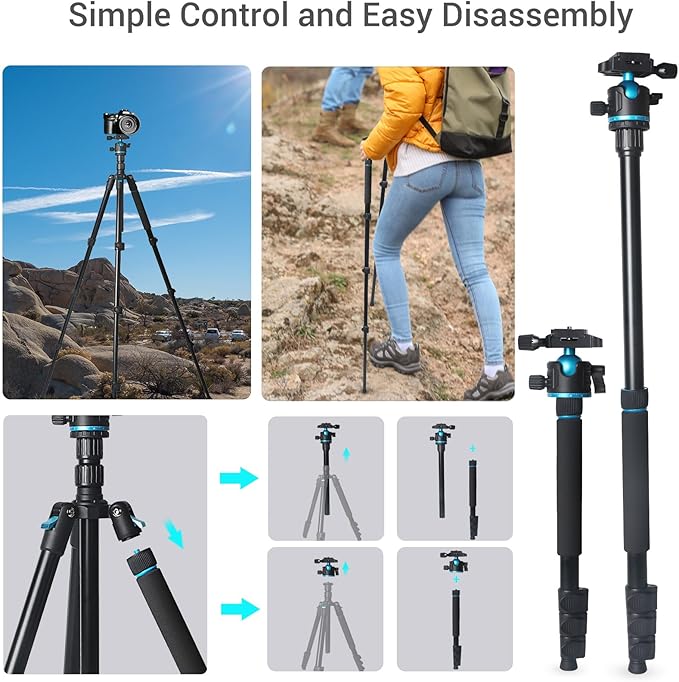 Camera Tripod, 68" / 174cm Lightweight Travel Monopod with 360°Ball Head Payload 15 lbs, Adjustable Height from 17" to 68" Professional Stand for DSLR Camera Shooting