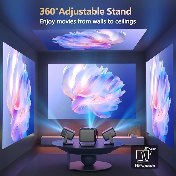 [2000 ANSI/ Official-NetfIix/360°Stand] Outdoor Projector with WiFi and Bluetooth, Auto Focus, Auto Keystone 4K Projector Native 1080P Support 36W DoIby Audio 500'' Display Smart Proyector