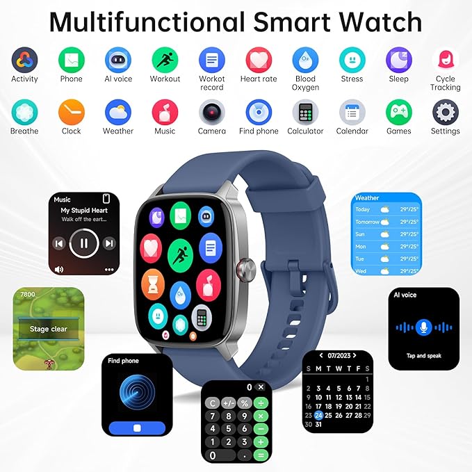 Smart Watches for Women Men with Bluetooth Call & AI Voice, 1.85" HD Fitness Tracker with Heart Rate SpO2 Sleep Monitor, 100+ Sports Modes Mini Games, IP68 Waterproof Smartwatch for Android iOS Phones