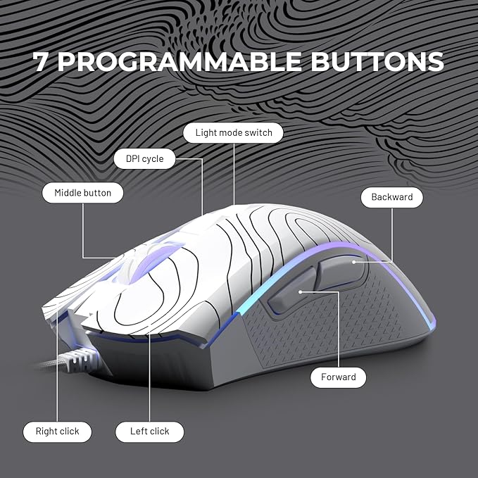 XVX G705 Wired Gaming Mouse, 12000 DPI RGB Gaming Mouse with 12 Backlit Modes & 7 Macro Buttons, PC Gaming Mice Support DIY Keybinding, Mouse Gamer Computer Mouse for Laptop PC Mac Windows,Topographic