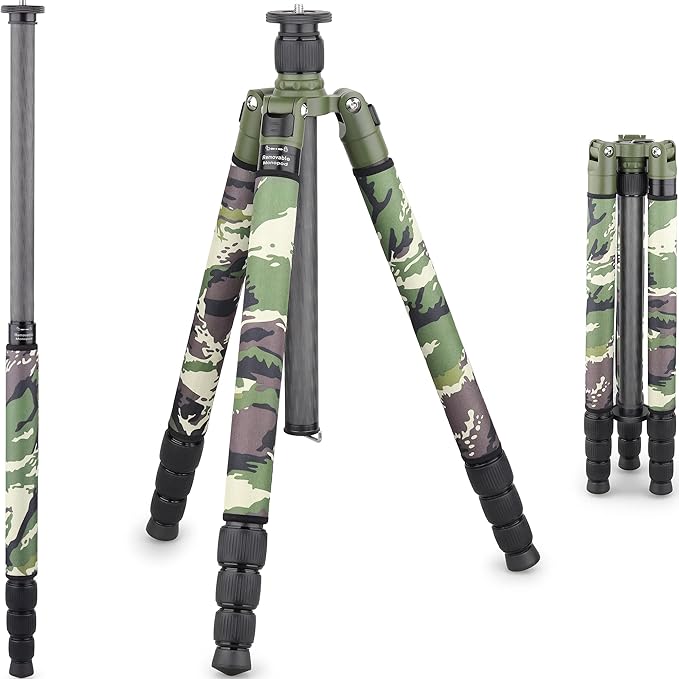 Carbon Fiber Tripod-RT85CG Super Professional Tripod Monopod Heavy Duty Compact Stand Support with Green Gamouflage Tripod Leg Covers for Digital DSLR Camera, max Load 25kg/55lb