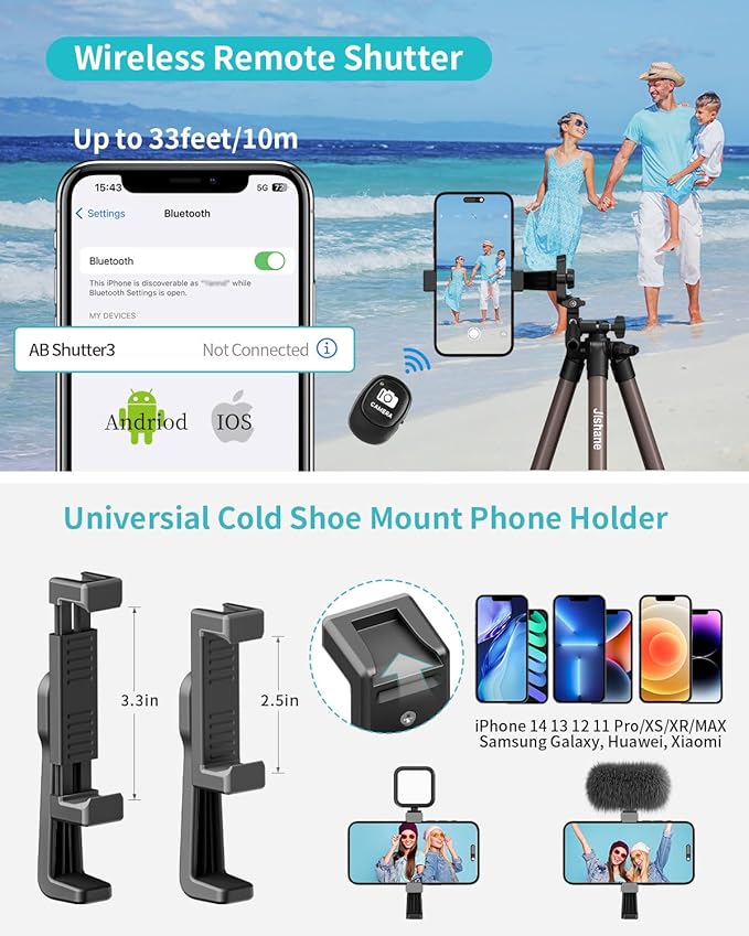 71" Camera Tripod, Lightweight Aluminum Phone Tripod with Wireless Remote, Phone Holder & Carry Bag, Portable Travel Camera Stand for Smartphones Canon Nikon DSLR Cameras, Max Load 6.6 lb (Brown)