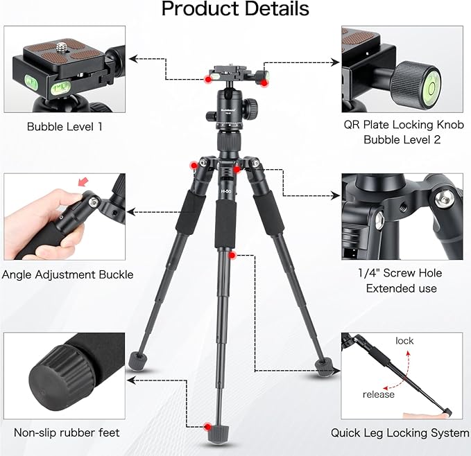 Koolehaoda Mini Desktop Tripod, 20" Aluminum Portable Small Tripod with 360° Ball Head and Bag for DSLR Camera, Video Camcorder.Load up to 11lbs / 5kg - (Black)