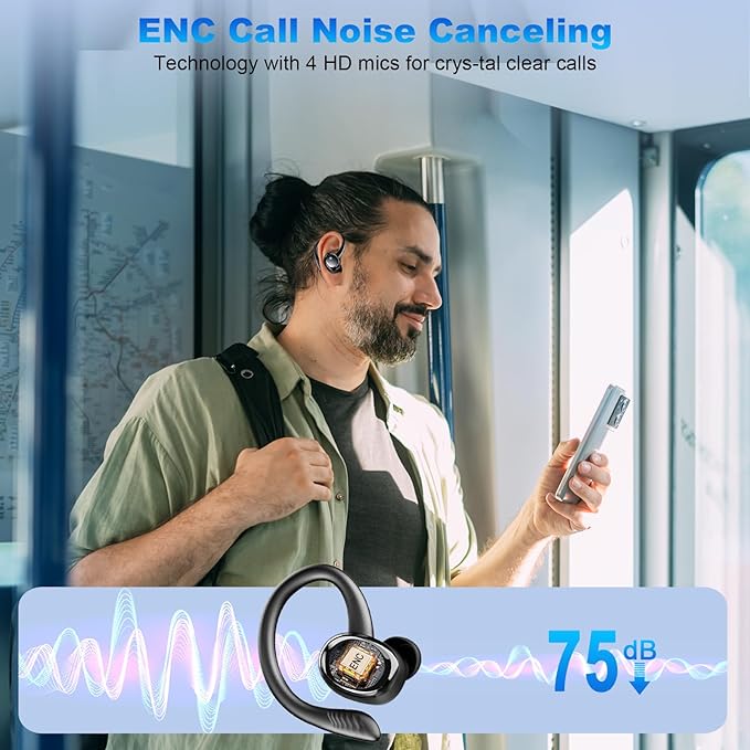 Wireless Earbuds Bluetooth 5.4 Headphones Sport, 2025 Bluetooth Earbuds with Earhooks, 50H Stereo Over Ear Buds, Earphone with 4 ENC Noise Canceling Mic, IP7 Waterproof Headset for Running/Gym/Workout