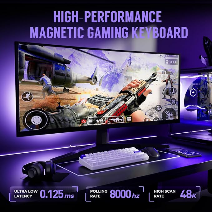 RK ROYAL KLUDGE C61 HE Gaming Keyboard 60% Wired Mechanical Keyboard with Hall Effect Magnetic Switch 8000Hz Polling Rate Rapid Trigger RGB Backlit, 61 Keys, White Purple