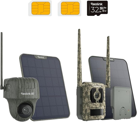 REOLINK 4K 3G/4G LTE 360° Cellular Trail Camera Outdoor 2-Hunting-Cam Bundle - Go Ranger PT Kit+Talon Pro Solar Kit, No-Glow IR, SIM Card Included, Smart Animal Detection, Waterproof for Wildlife