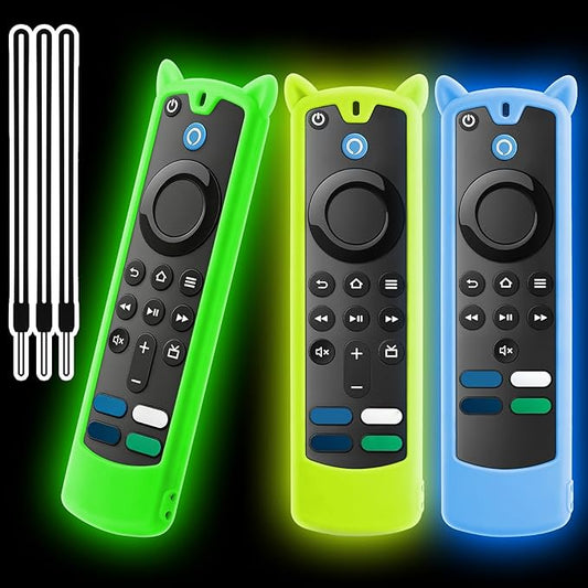 (3 Pack) Wevove Soft Protective Remote Cover,Shockproof Anti-Slip Silicone Protective Case with Lanyard Glow in The Dark (Glow Yellow&Blue&Green)