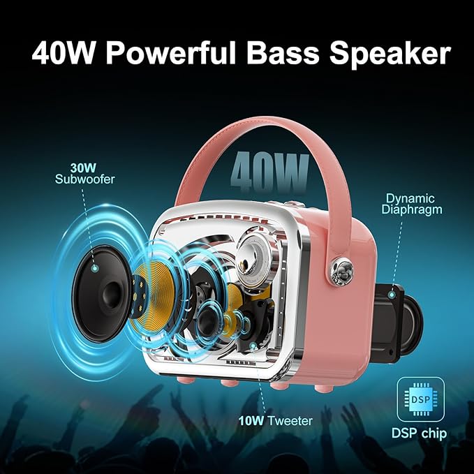 Portable Bluetooth Speaker 40W(60W Peak) Wireless Powerful Deep Bass Loud Stereo Sound Rechargeable Speakers with Subwoofer DSP HD Display Support USB/TF Card/AUX Input for Home Party Outdoor (Pink)