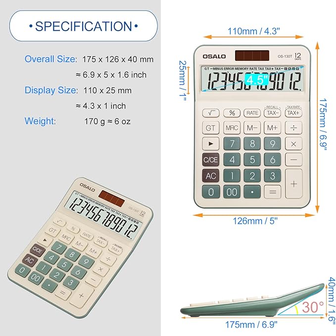 Desktop Calculator Large LCD Display 12 Digit Number Big Button Tax Financial Accounting Calculator, Battery and Solar Powered, for Desk Office Home Business Use(OS-130T Green)