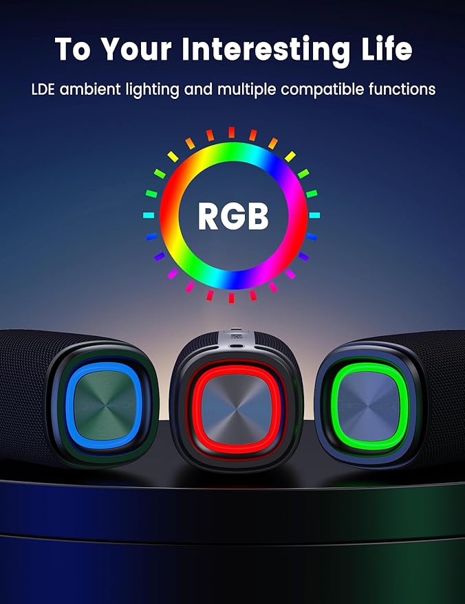 Bluetooth Speaker, Speaker Bluetooth Wireless with Light, BT5.3, IPX6 Waterproof Electronic Gadgets for Home/Party/Outdoor, Birthday Gift (Black)