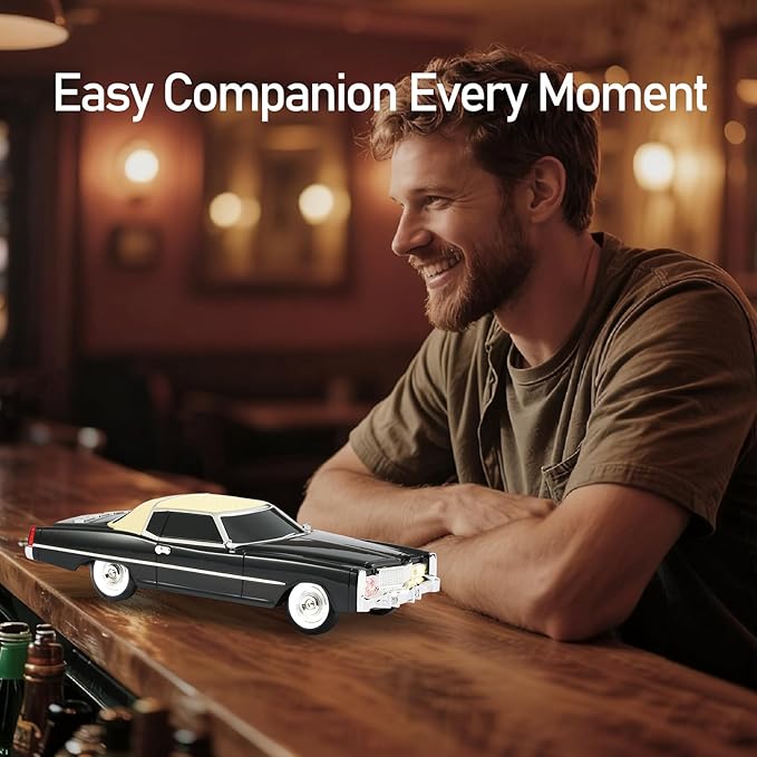 American Retro car Bluetooth Speaker, Mobile Wheel Retro car Model, HD Stereo, TWS Pairing, LED Ambient Light, Type-C Portable Charging, Home, Party, Camping Desktop Decoration (Black)