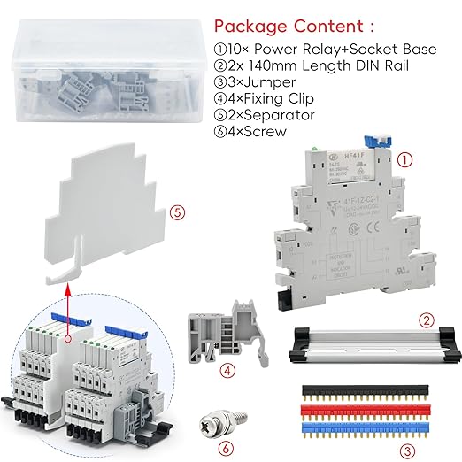 10Pcs 5 Volt Relay Miniature Power Relay 5V DC 6Amp SPDT with LED Indicator Socket Base 41F-1Z-C2 with Jumper Separator Socket Base DIN Rail UL Certification