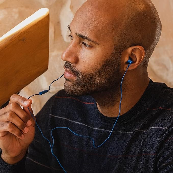 Panasonic ErgoFit Wired Earbuds with Microphone, 3.5mm Jack Headphones with Mic and Call Controller, Ergonomic Custom-Fit Earpieces (S/M/L), for Phones and Laptops - RP-TCM125-AA (Metallic Blue)