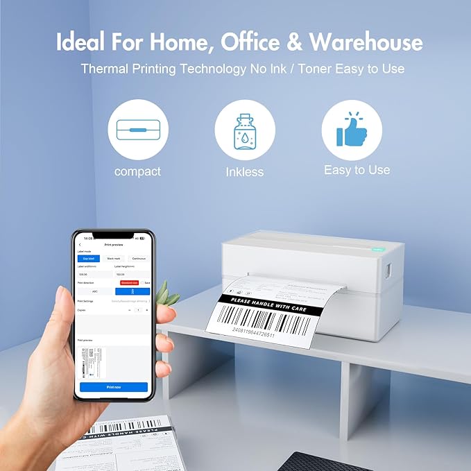 Bluetooth Thermal Shipping Label Printer: 4x6 Wireless Mini Clear Label Maker with Waterproof Tape for Small Business - Widely Used for USPS UPS Ebay Amazon Shopify Etsy, White