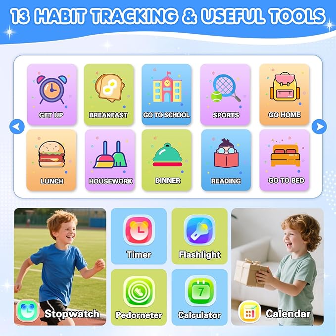 Smart Watch for Kids with 39 Games Touchscreen Camera Video, Music Player, Pedometer, Calculator, Calendar, Stopwatch, Flashlight, Alarm Clock 12/24 hr, Birthday Gifts Toys for Boys Ages 3-12