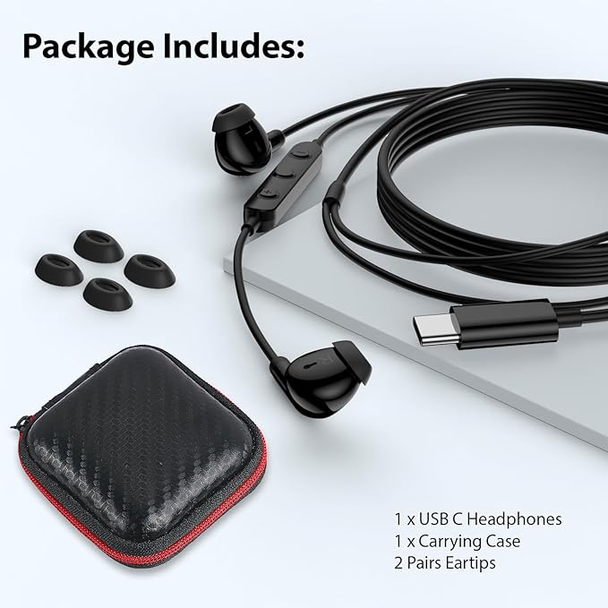 USB C Earbuds, USB Type-C Headphones for iPad 10th Generation iPhone 17 Pro 16 15 Plus iPad 11th Gen A16 Air 6 Wired Earphones with Microphone Volume Control Noise Isolating HiFi Stereo Headset Black