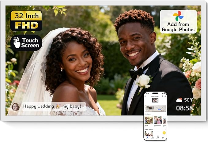 NexFoto 32 Inch Touchscreen Large Digital Picture Frame 64GB, FHD WiFi Digital Photo Frame, Add Photos from Google Photos, Easy to Share Videos, Gifts for Wedding, Housewarming, Birthday, White