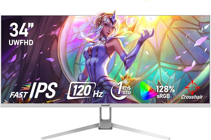 34 Inch IPS Ultrawide 120Hz Gaming Computer Monitor, 21:9 UWFHD (2560x1080) PC Screen, 128% sRGB, Adaptive Sync, 178° Viewing Angle, Display Port, HDMI, Compatible with Wall mounting - White