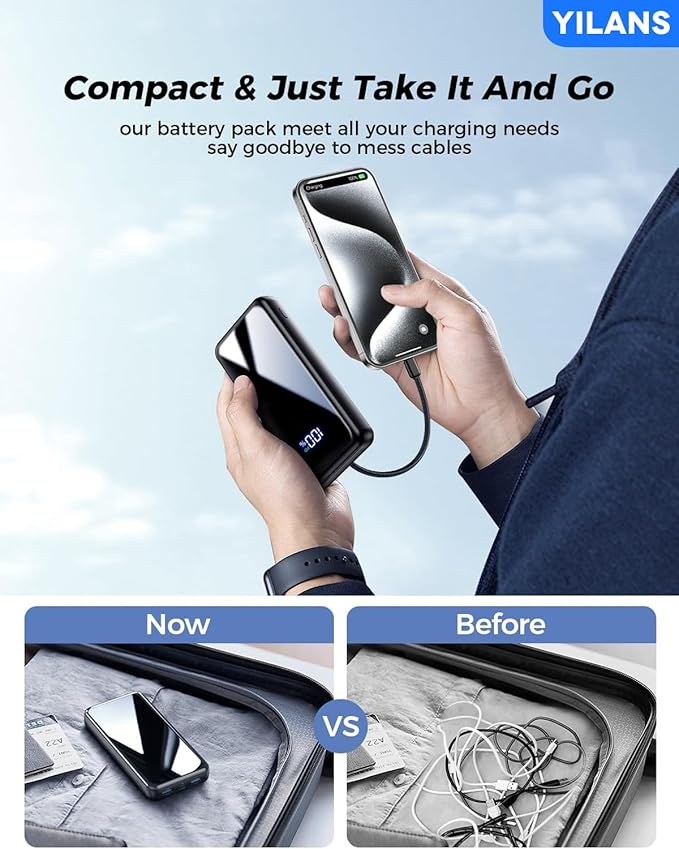 Portable Charger,50000mAh Power Bank Built-in Cable, 22.5W PD USB C In & Out Fast Charging, External Battery Pack with 6 Output & 2 Input, Travel Phone Charger for iPhone 17/16/15/14/13/12, Android