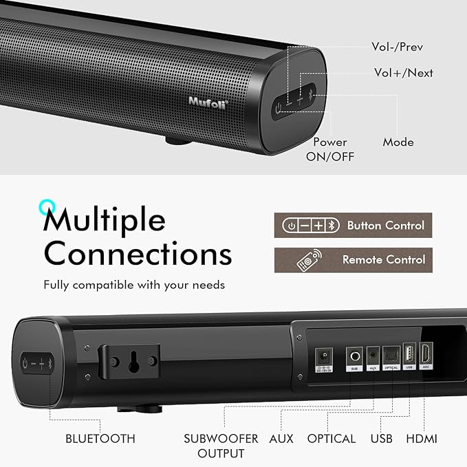 Sound Bars for TV with Subwoofer 2.1 CH 120W Soundbar for TV, for PC, Gaming, Surround Sound System TV Sound Bar Speakers, Home Theater with Bluetooth, HDMI, AUX, USB, Opt Connection, 16 Inch, MF604S