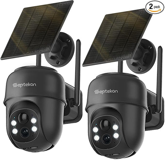 Septekon 2K Solar Security Cameras Wireless Outdoor 2 Pack, 360°PTZ Battery Powered Outdoor Camera, 2.4G WiFi Camera with Spotlight Color Night Vision, Motion Sensor Alarm, IP66, Black