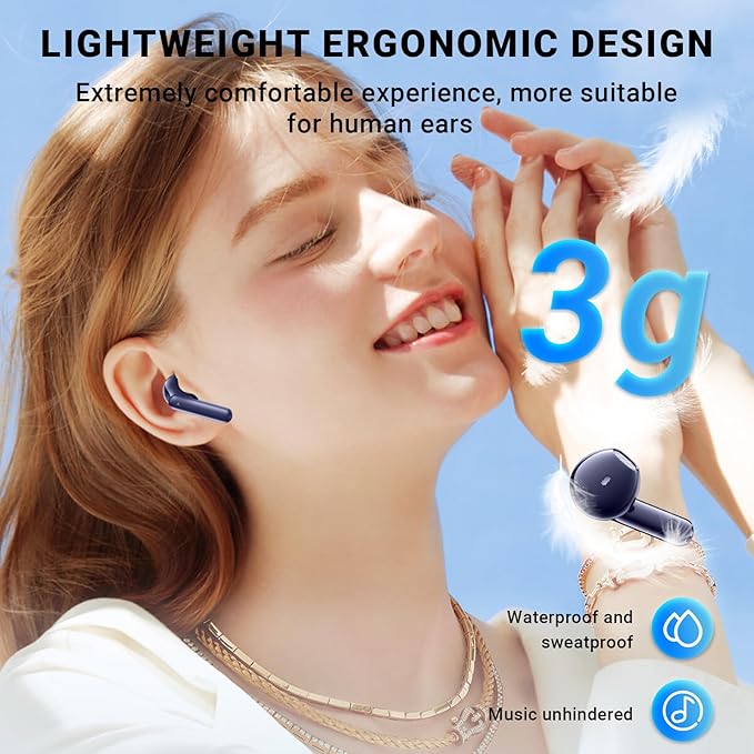 Wireless Earbuds, Bluetooth 5.4 Headphones with 42H Ultralight Ear Buds,Bluetooth Earbuds with 4 ENC Noise Cancelling Mics, HiFi Deep Bass Dual LED Display USB-C, Waterproof Earphones Blue