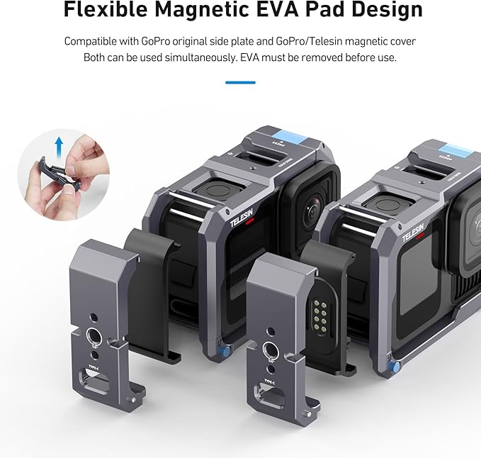 TELESIN Upgraded Aluminum Alloy Cage Frame Housing for Go Pro 13 12 11 10 9 Black, Supports Go Pro 13 Quick-Release System & Magnetic Charging, with 1/4" Thread & Cold Shoe for Video Light Microphone