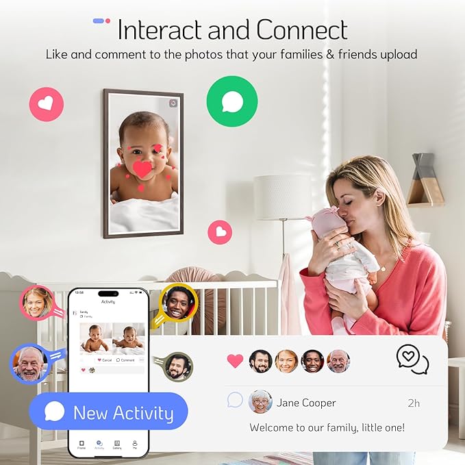 NexFoto Large Digital Picture Frame 32 Inch Touchscreen, 64GB FHD 1920 * 1080 WiFi Digital Photo Frame, Add Photos from Google Photos, Share Videos, for Housewarming/Wedding/Birthday, Dark Wood