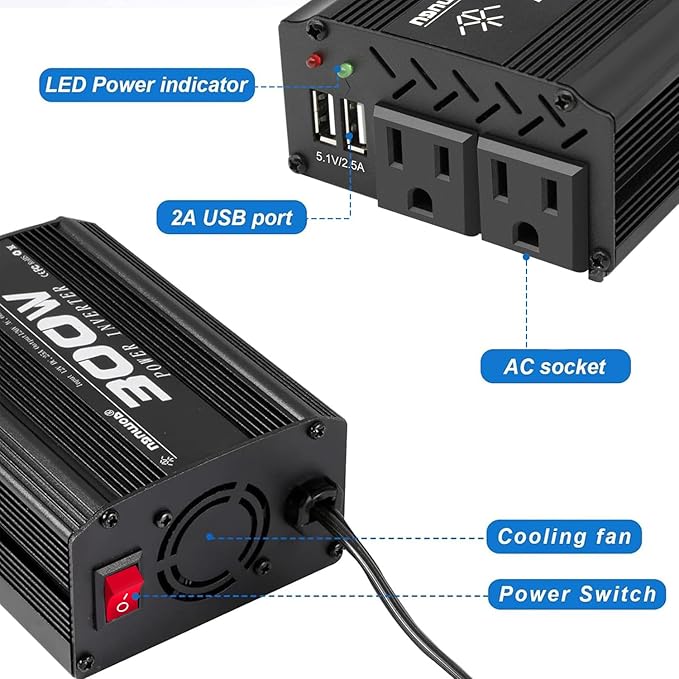 300W Black 300W/600W DC12V to AC110V Modified Sine Wave Car Inverter with 2 AC Sockets & 2 USB Ports for Camping & Vehicles