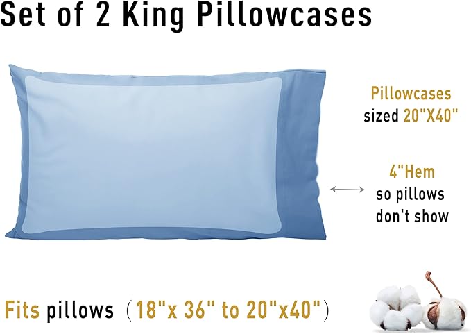 Sunflower King Pillowcases Set of 2, 100% Cotton King Size Pillow Cases 2, 20×40 inches Placid Blue, Soft and Breathable