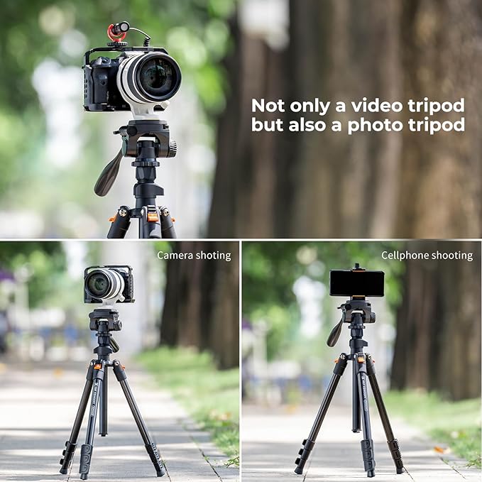 K&F Concept 70" Video Tripod,Lightweight Travel Tripod with 3-Way Swivel Pan Tilt Head Load 6.6 lbs, Phone Holder Smartphone Clip Quick Release Plate, for Phone DSLR Camera O234A0+BV02